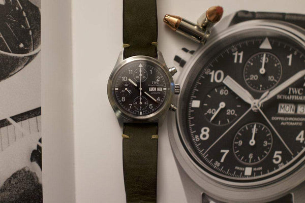 Pre-owned IWC Pilot Chronograph 3706 watch with black dial and green leather strap