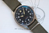 IWC Spitfire Automatic luxury watch with black dial and olive green textile strap