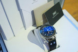 Luxury Swiss chronograph watch with blue dial and leather strap in display box