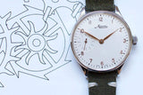 Minerva limited edition men's watch with white dial, small seconds, and green leather strap