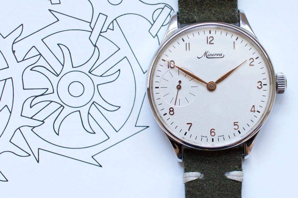 Minerva limited edition men's watch with white dial, small seconds, and green leather strap