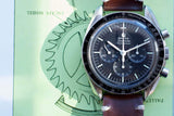 Omega Speedmaster Professional luxury watch with brown leather strap on technical drawing