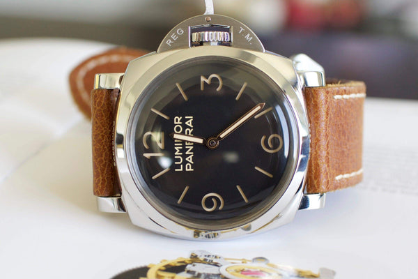 Panerai Luminor wristwatch with brown leather strap and black dial, luxury Swiss watch