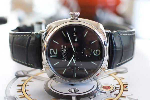 Luxury Panerai Radiomir black leather strap watch with luminous dial and silver case