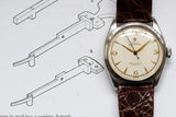 Vintage Rolex Oyster Perpetual watch with brown leather strap on technical drawing background