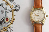 Vintage gold Rolex Oyster Perpetual watch with brown leather strap on illustrated background