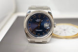 Stainless steel luxury watch with blue dial, Roman numerals, and date display