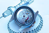 Detailed view of a luxury Swiss watch movement inside a stainless steel case.