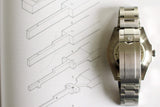 Stainless steel luxury watch clasp and bracelet on technical drawing background