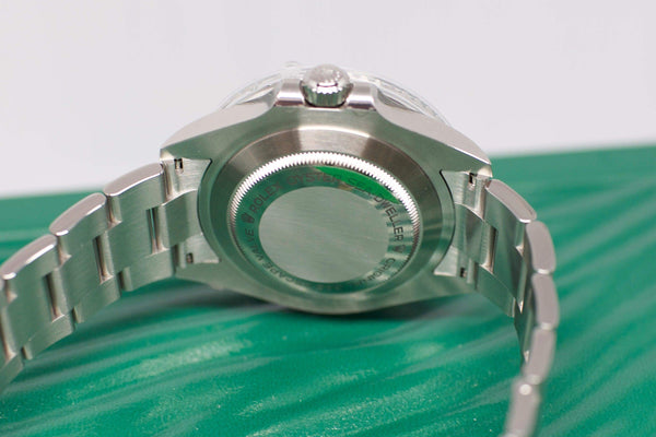 Stainless steel Swiss watch caseback and bracelet close-up on green surface