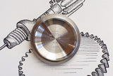 Stainless steel watch case back with Rolex engraving on technical illustration background