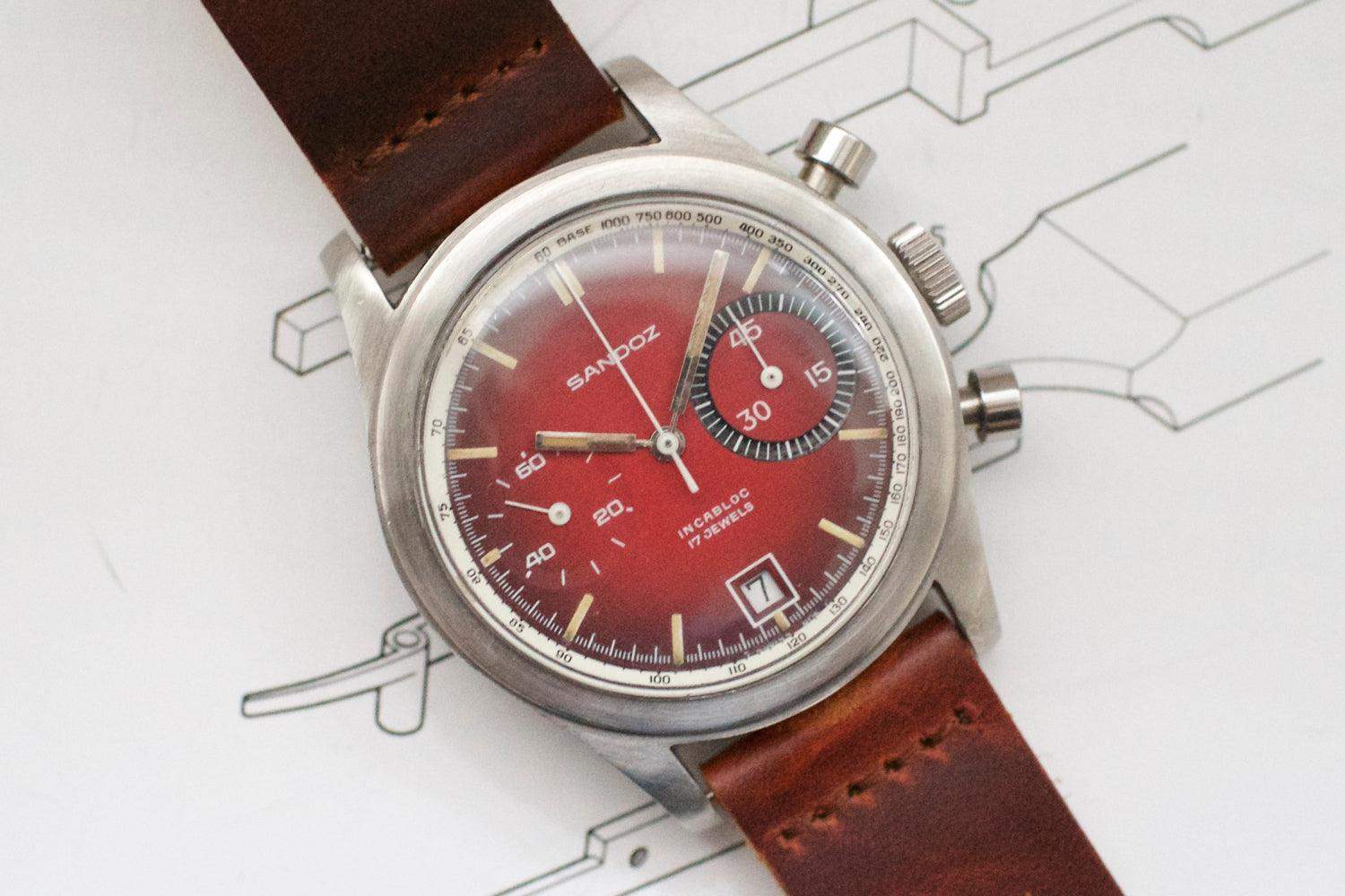 SOLDOUT: Sandoz Valjoux 7734 Vintage Chronograph Red Vignette Dial - WearingTime Luxury Watches