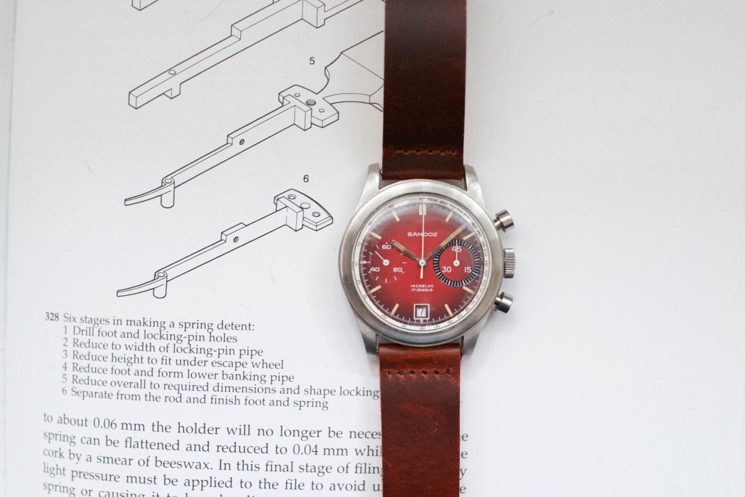 SOLDOUT: Sandoz Valjoux 7734 Vintage Chronograph Red Vignette Dial - WearingTime Luxury Watches