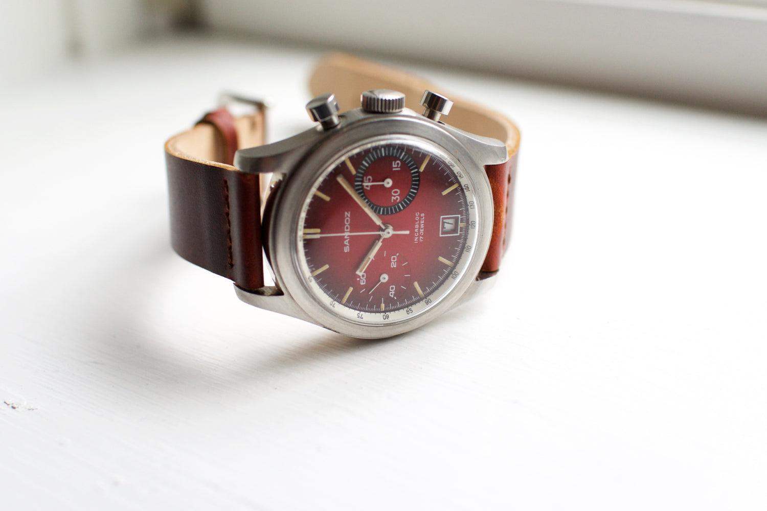 SOLDOUT: Sandoz Valjoux 7734 Vintage Chronograph Red Vignette Dial - WearingTime Luxury Watches