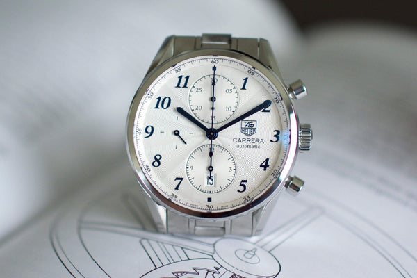 TAG Heuer Carrera automatic chronograph luxury watch with white dial and silver case