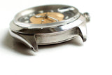 Stainless steel luxury watch case close-up with California dial