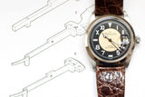 Vintage Tudor Prince Oysterdate watch with California dial and brown leather strap on technical drawing